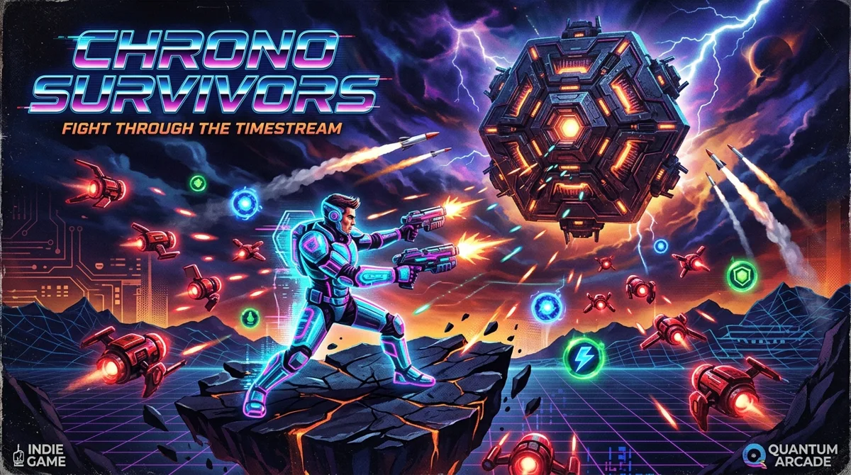 Chrono Survivors: a neon-armored space hero facing a mechanical enemy
